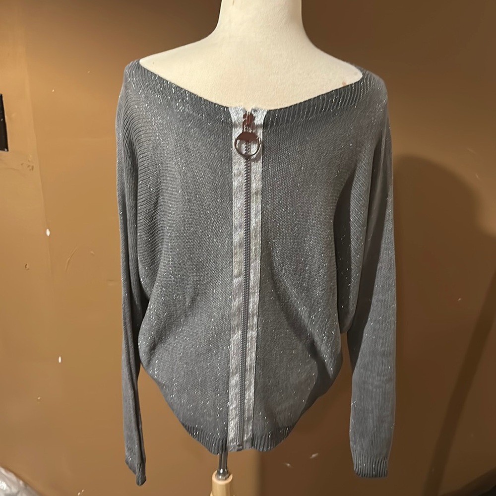 Gray off the shoulder blouse, zipper up in the back